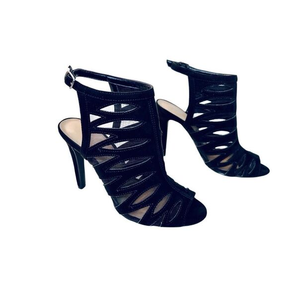 Cathy Jean Strappy Black Heel Stiletto Shoe Velvety See-through Open Toe sz 6 - Picture 3 of 11